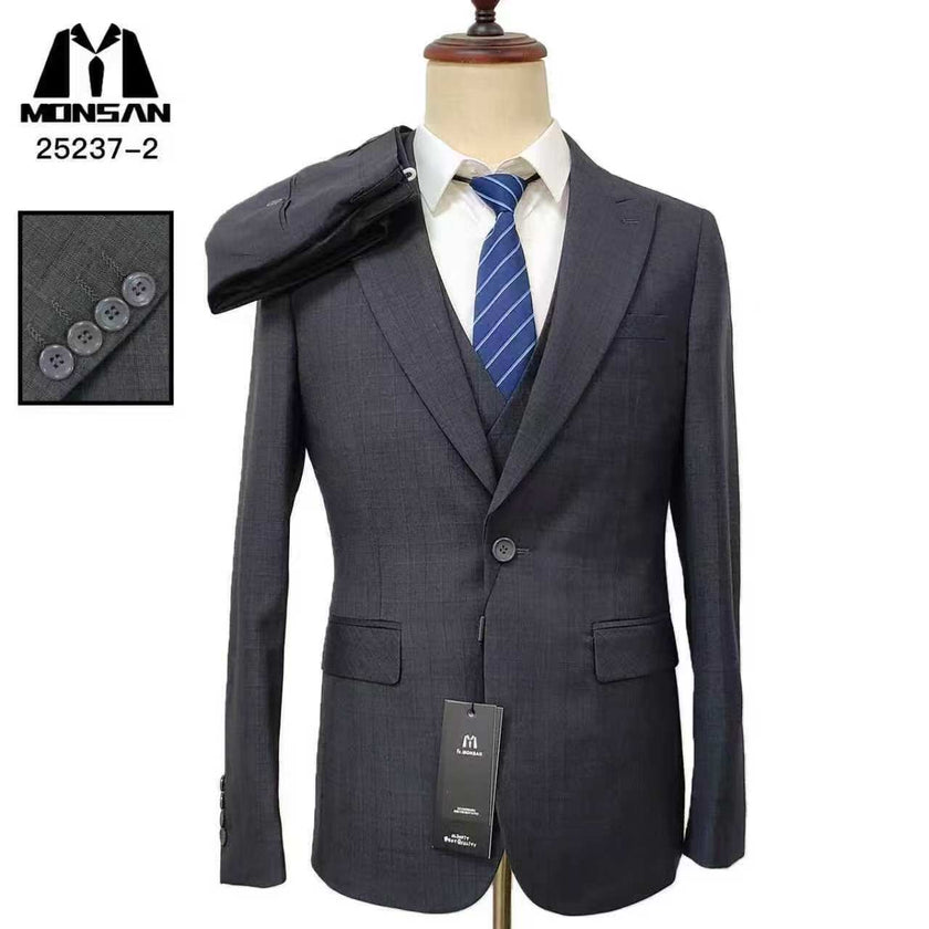 Slim-fit suit jacket, peak lapels, dark charcoal, button front and pockets