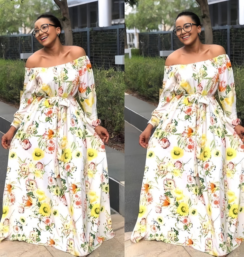 White off-shoulder floral maxi dress with gathered waist and fabric tie, long loose sleeves