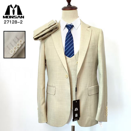 Light beige slim fit suit jacket with blue striped tie and tag