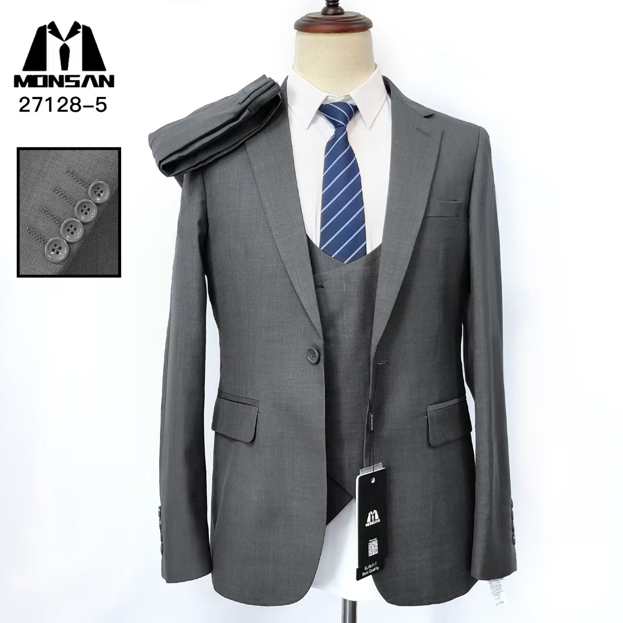 Grey slim fit three-piece suit with peak lapel blazer and matching waistcoat