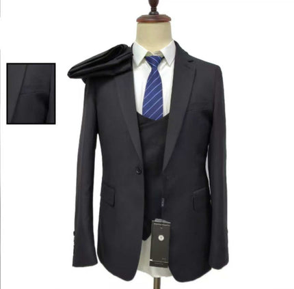 Slim-fit 3-piece suit with notched lapel, dark jacket and vest, blue striped tie