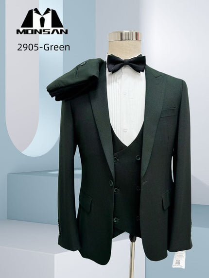 Slim-fit three-piece suit in dark green with peak lapels, vest, and bow tie
