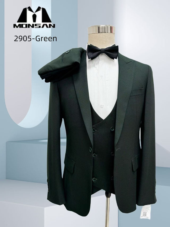 Green slim-fit three-piece suit with peak lapels, vest and bow tie