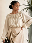 Gathered Neck Balloon Sleeve Blouse Elastic Cuff Solid Stripe Detail Office Daily Top