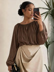 Gathered Neck Balloon Sleeve Blouse Elastic Cuff Solid Stripe Detail Office Daily Top