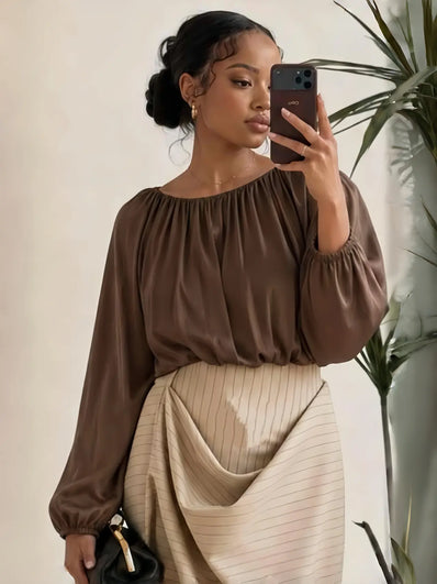 Brown gathered neckline blouse with balloon sleeves and elastic cuffs, solid fabric