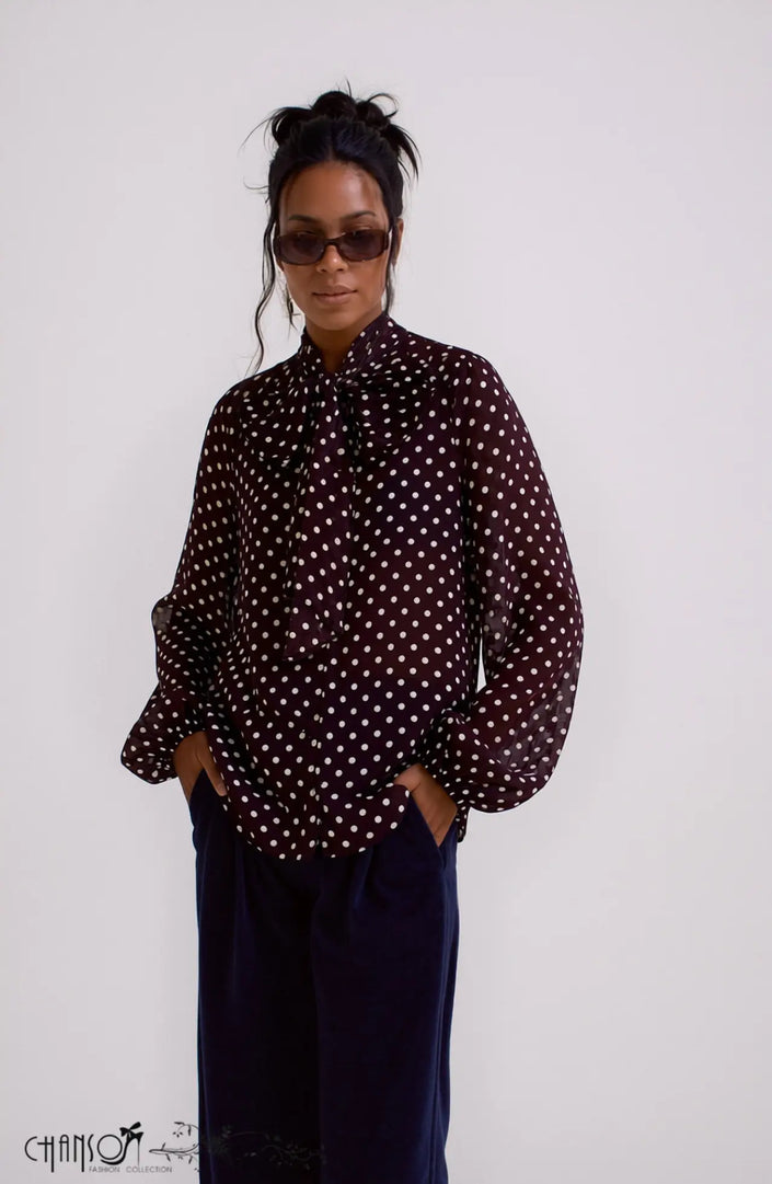 Brown polka dot blouse with bow neck and lantern sleeves