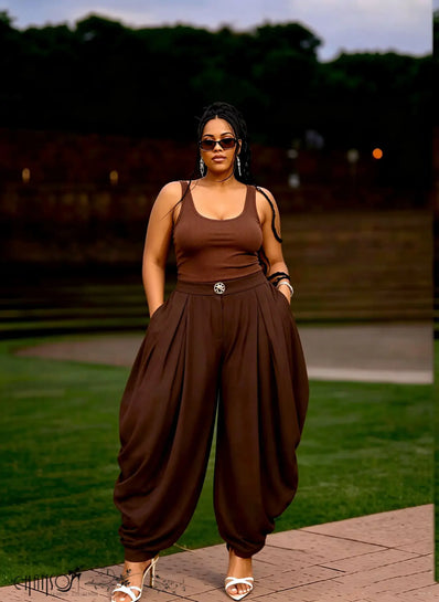 Dark brown harem pleated trousers with metal waist button and side pockets
