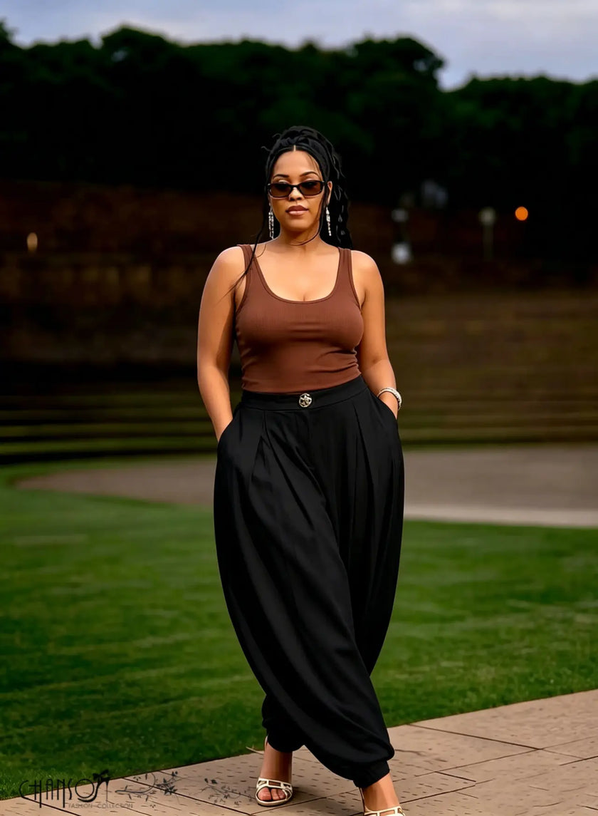 Plus Size Harem Pleated Trousers Metal Waist Button Side Pocket Casual Daily Pants