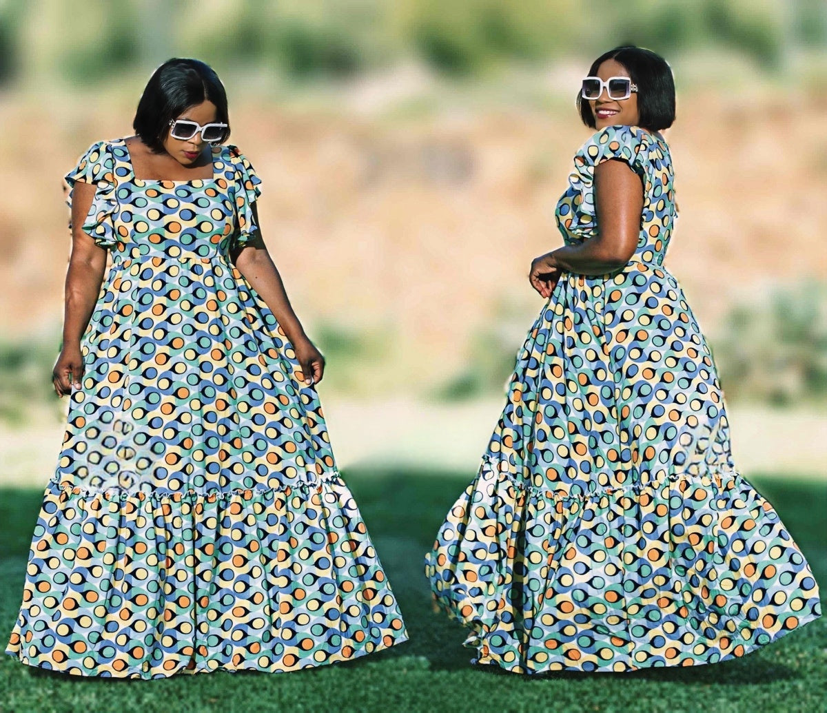 Floor-Length Flared Skirt Dress with Fitted Bodice and Round Neckline