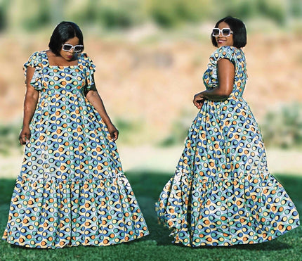 Floor-Length Flared Skirt Dress with Fitted Bodice and Round Neckline