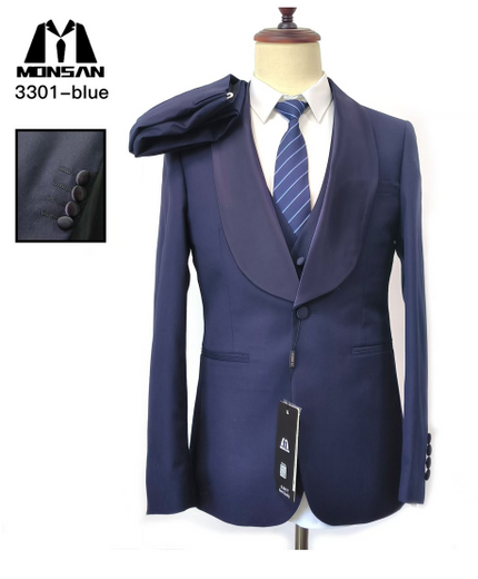 Navy slim-fit three-piece suit with shawl lapel jacket and matching waistcoat