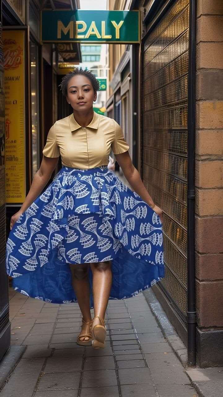 Blue geometric high-low skirt with asymmetrical hem and flared shape