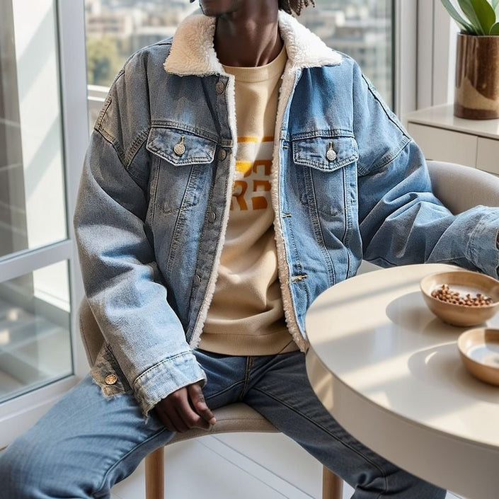 Light-blue denim sherpa jacket with shearling lining and two chest pockets