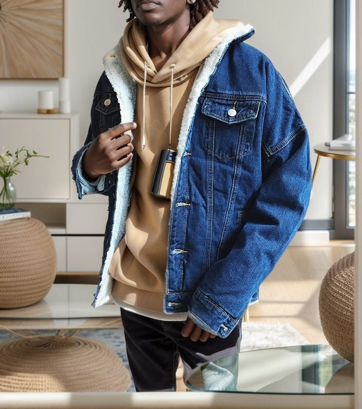 Dark-blue denim sherpa jacket with sherpa lining and flap front pockets