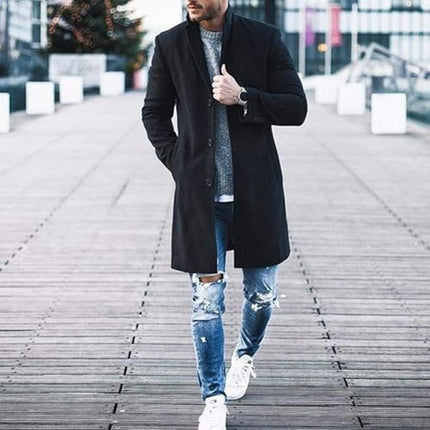 Men's Long Coat with Single-Breasted Design and Classic Tailoring