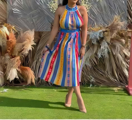 Multicolor striped halter midi dress with stretch waist, sleeveless