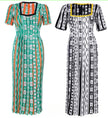 Geometric knit maxi dress shown in teal and black/white, patterned yoke, short sleeves