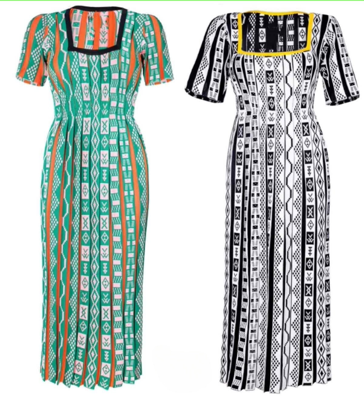 Geometric knit maxi dress shown in teal and black/white, patterned yoke, short sleeves