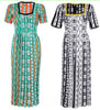 Geometric knit maxi dress shown in teal and black/white, patterned yoke, short sleeves