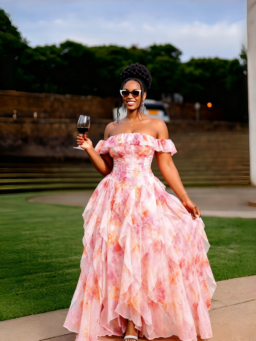 Pink watercolor floral off-shoulder ruffle maxi dress with ruched bodice and full skirt