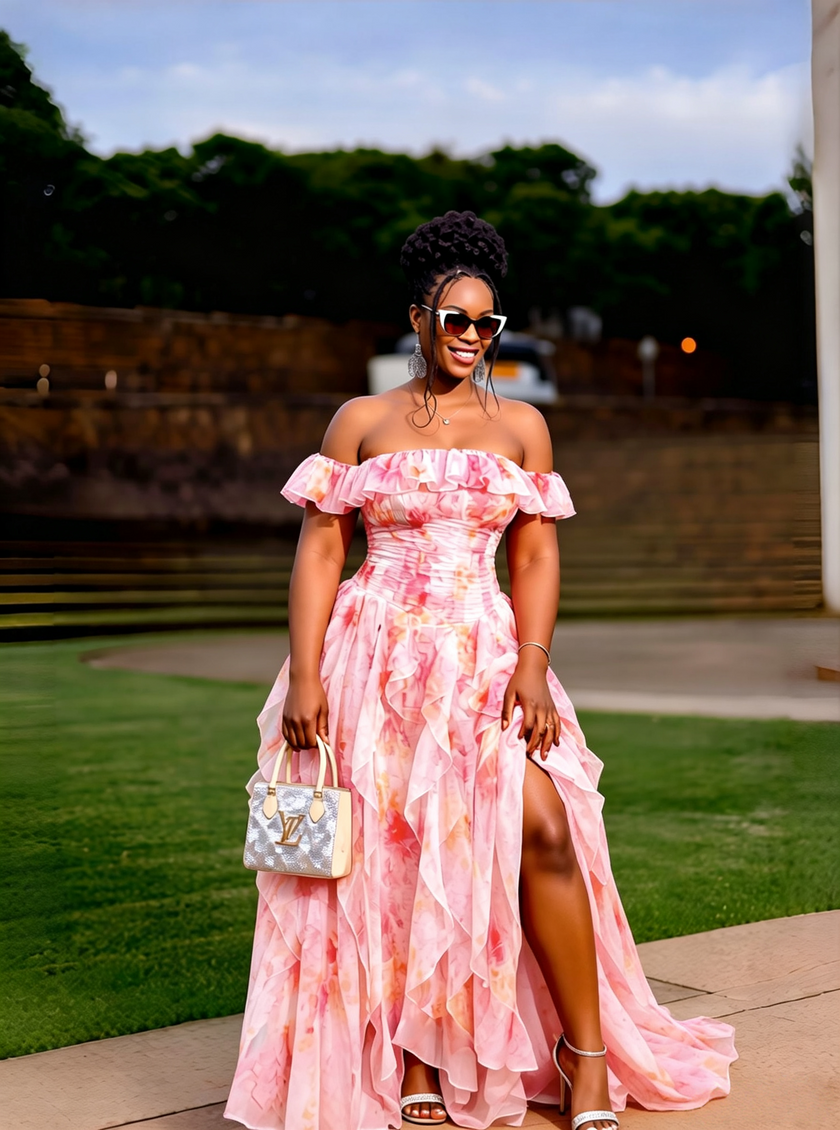 Pink watercolor floral off-shoulder ruffle maxi gown with ruched bodice and tiered skirt