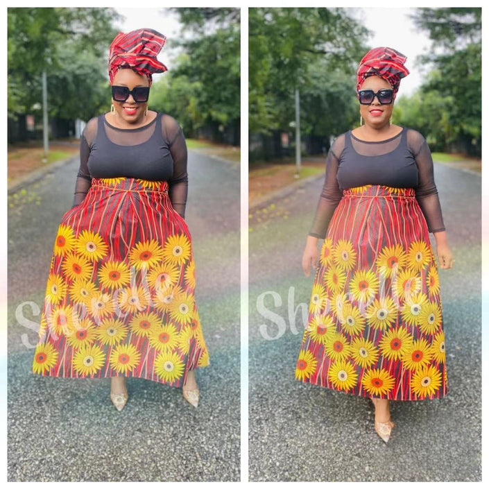 Maxi skirt with sunflower floral print in red, yellow, and green