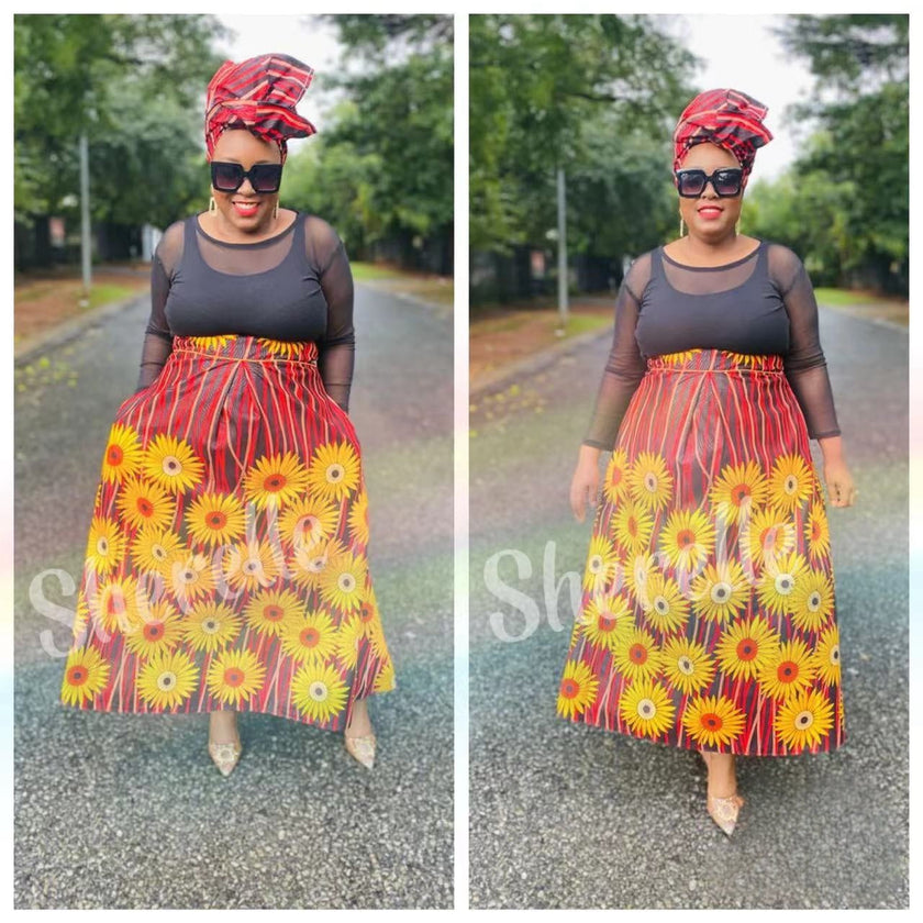 Maxi skirt with sunflower floral print in red, yellow, and green