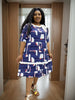 Blue Abstract Print Collared Dress with Stylish Minimalist Design