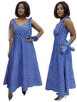 Blue patterned A-line V-neck dress with adjustable straps, high-low hem