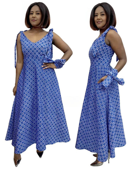 Blue patterned A-line V-neck dress with adjustable straps, high-low hem
