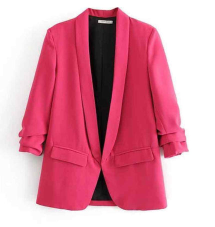 Deep-pink blazer jacket with notched lapel and patch pockets, contrast dark lining