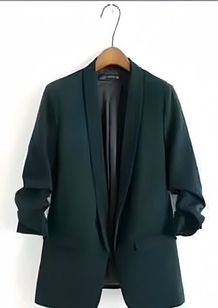 Deep-green blazer jacket with notched lapels and patch pockets, long sleeves