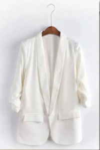 White blazer jacket with notched lapel, patch pockets, elbow-length sleeves