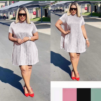 Short-Sleeved Knee-Length Pleated Dress
