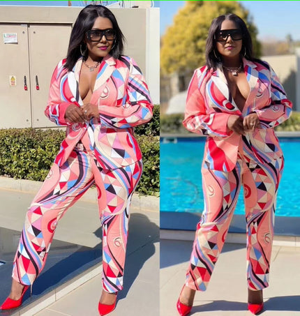 Abstract geometric jacket and pants suit, colorful pink, blue, white print.