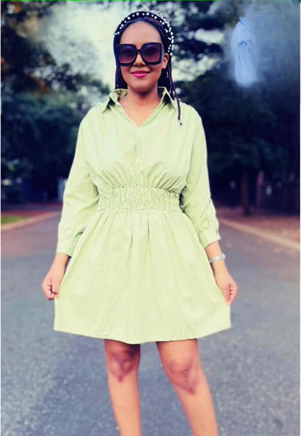 Casual Style Long-Sleeve Shirt Dress with Elastic Waist and Knee-Length Hem