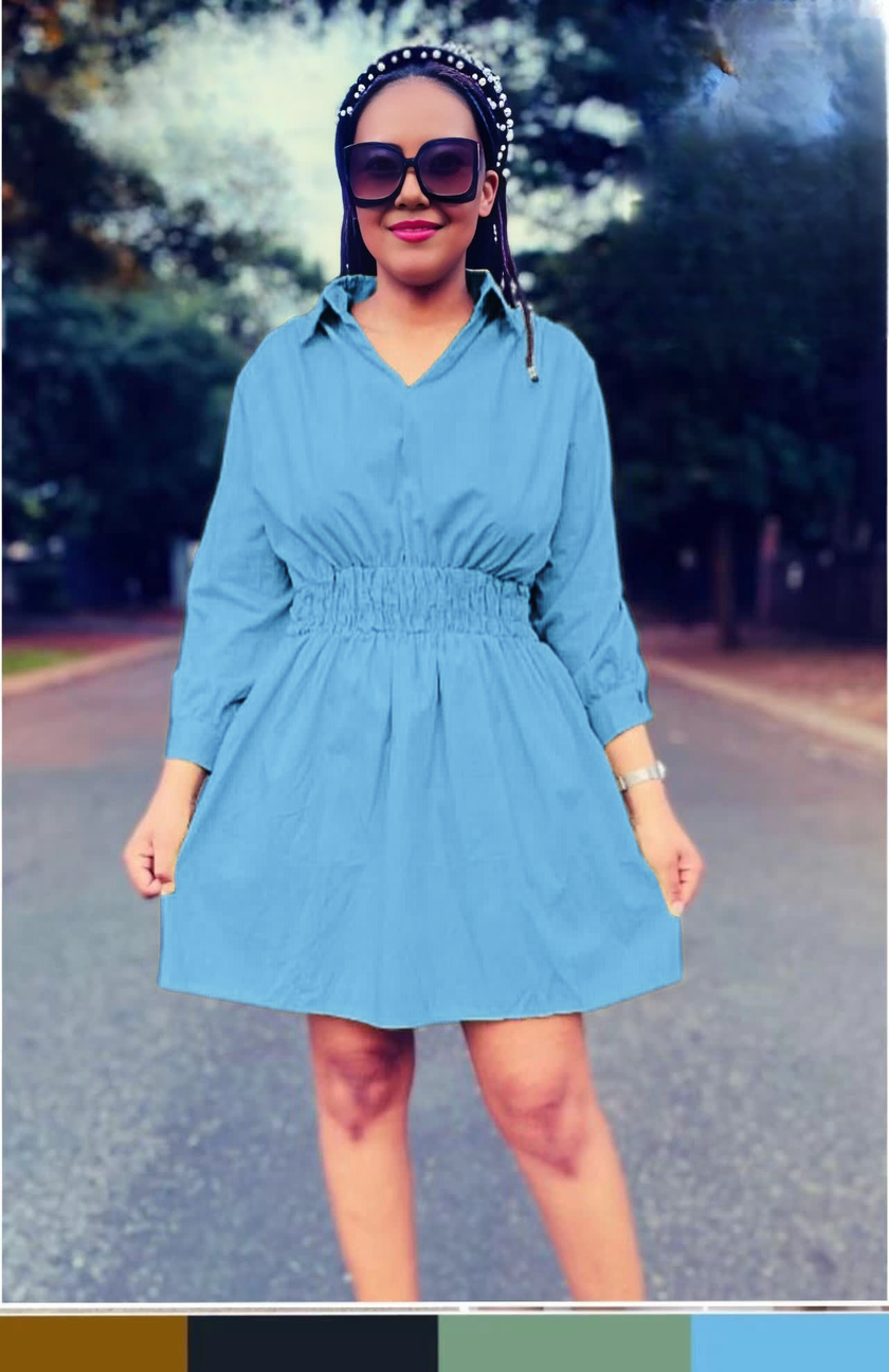 Light sky blue shirt dress with elastic waist, 3/4 sleeves, V-neck, button placket