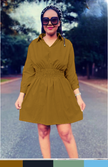 Mustard shirt dress with elastic waist, 3/4 sleeves, V-neck, button placket