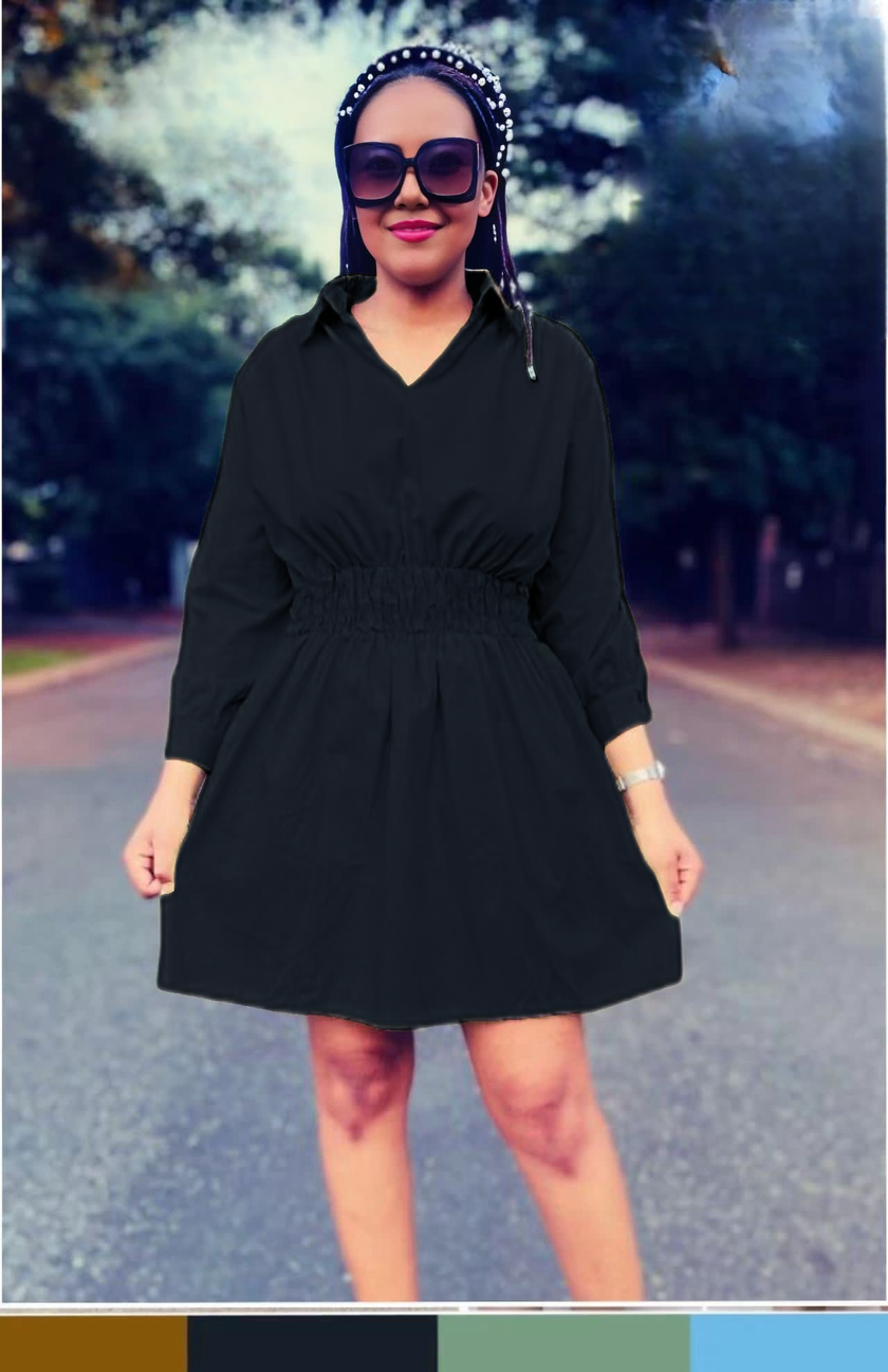 Black shirt dress with elastic waist, 3/4 sleeves, V-neck, button placket