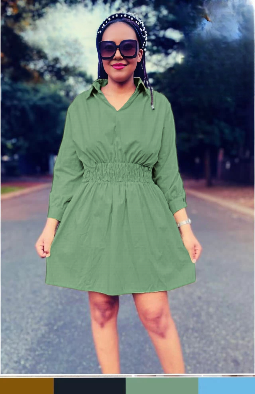 Green shirt dress with elastic waist, 3/4 sleeves, V-neck, button placket