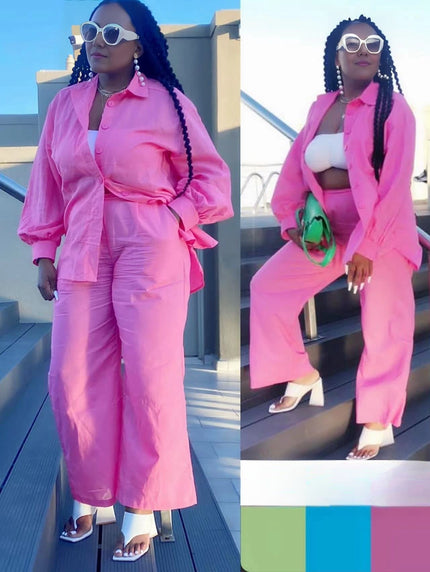 Pink loose shirt and straight pant set with button front and waist tie, long sleeves