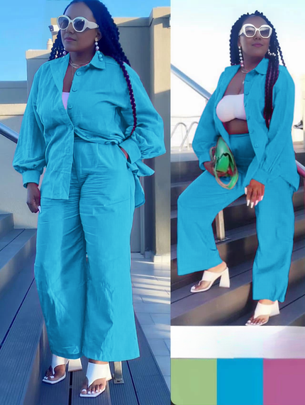 Light-sky-blue loose shirt and straight pant set, button front and waist tie