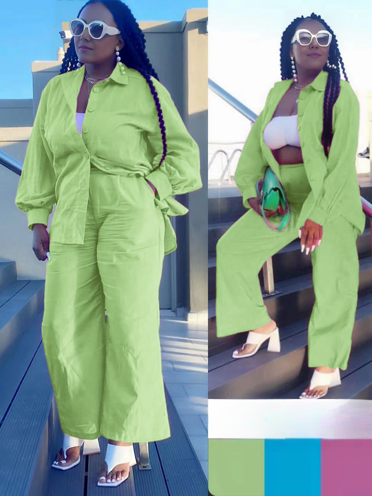 Women’s Casual Loose Long-Sleeve Shirt and Straight-Leg Pants Set