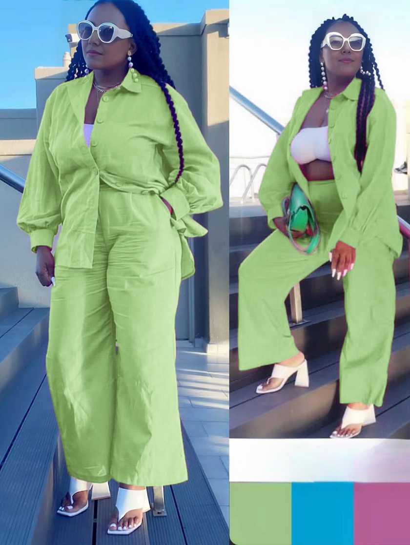 Light-green loose shirt and straight-leg pants twin set, long sleeves, belted waist.