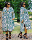 Plus size geometric shirt dress, blue/white pattern, v-neck, long sleeves