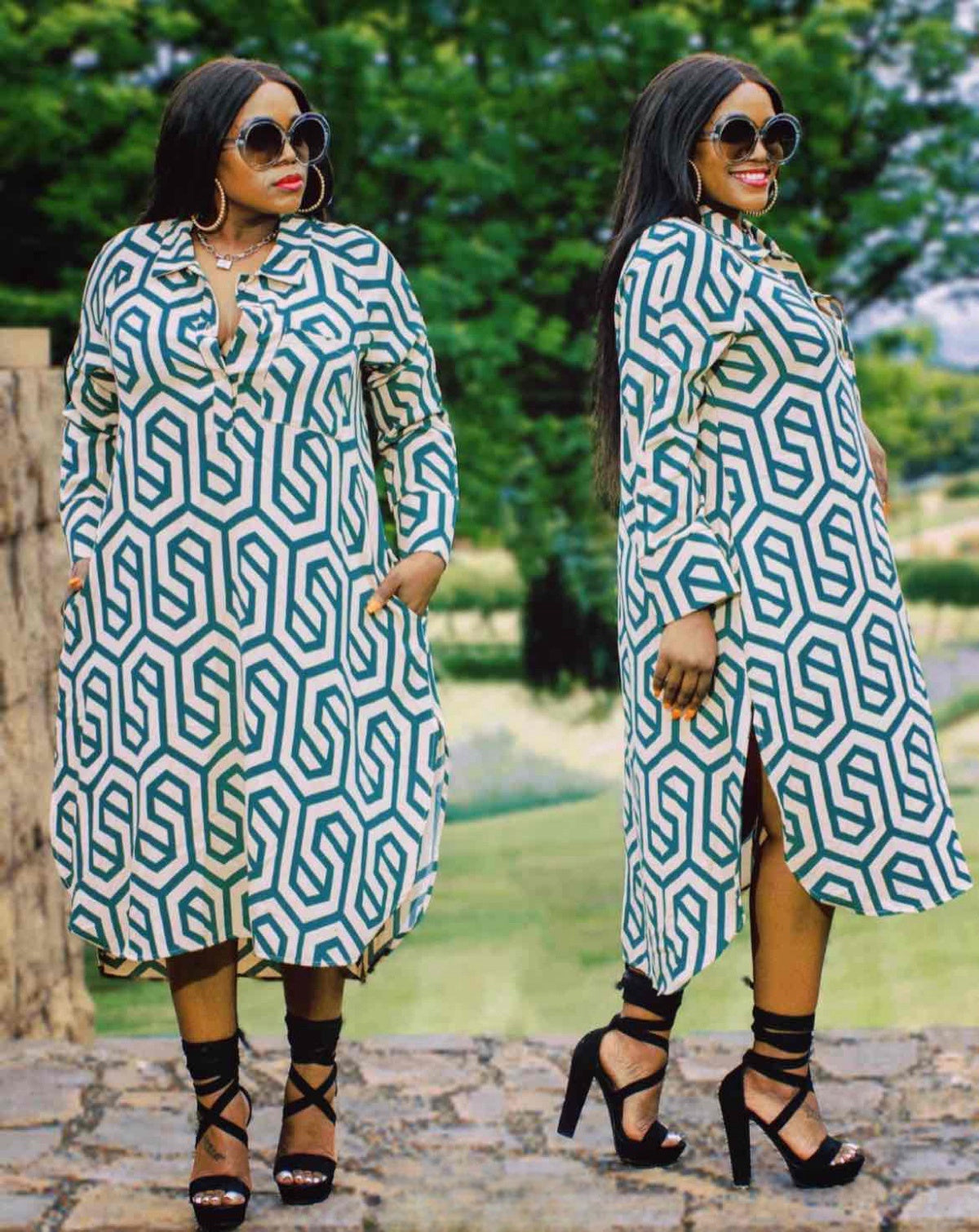 Plus size geometric shirt dress, blue/white pattern, v-neck, long sleeves