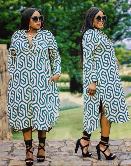 Plus size geometric shirt dress, blue/white pattern, v-neck, long sleeves