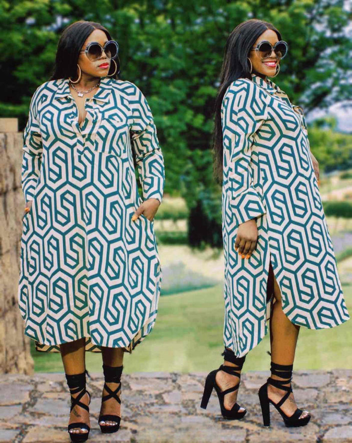 Plus size geometric shirt dress, blue/white pattern, v-neck, long sleeves