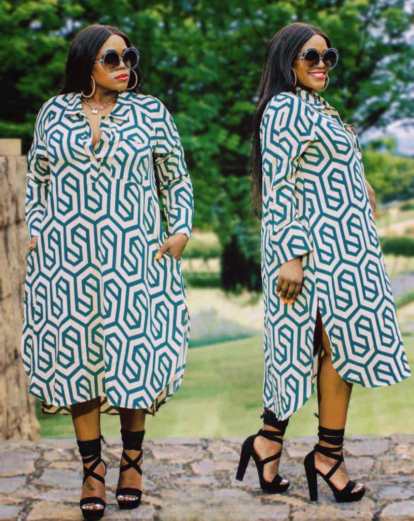 Plus size geometric shirt dress, blue/white pattern, v-neck, long sleeves